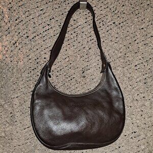 LONGCHAMP-Dark Brown Pebbled Leather Hobo/Baguette-Vintage-Logo Studs-Near Mint